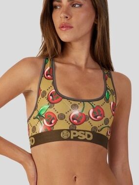 NWT PSD Cherry Money Print Sports Bra Large Athletic Bralette Logo Band
